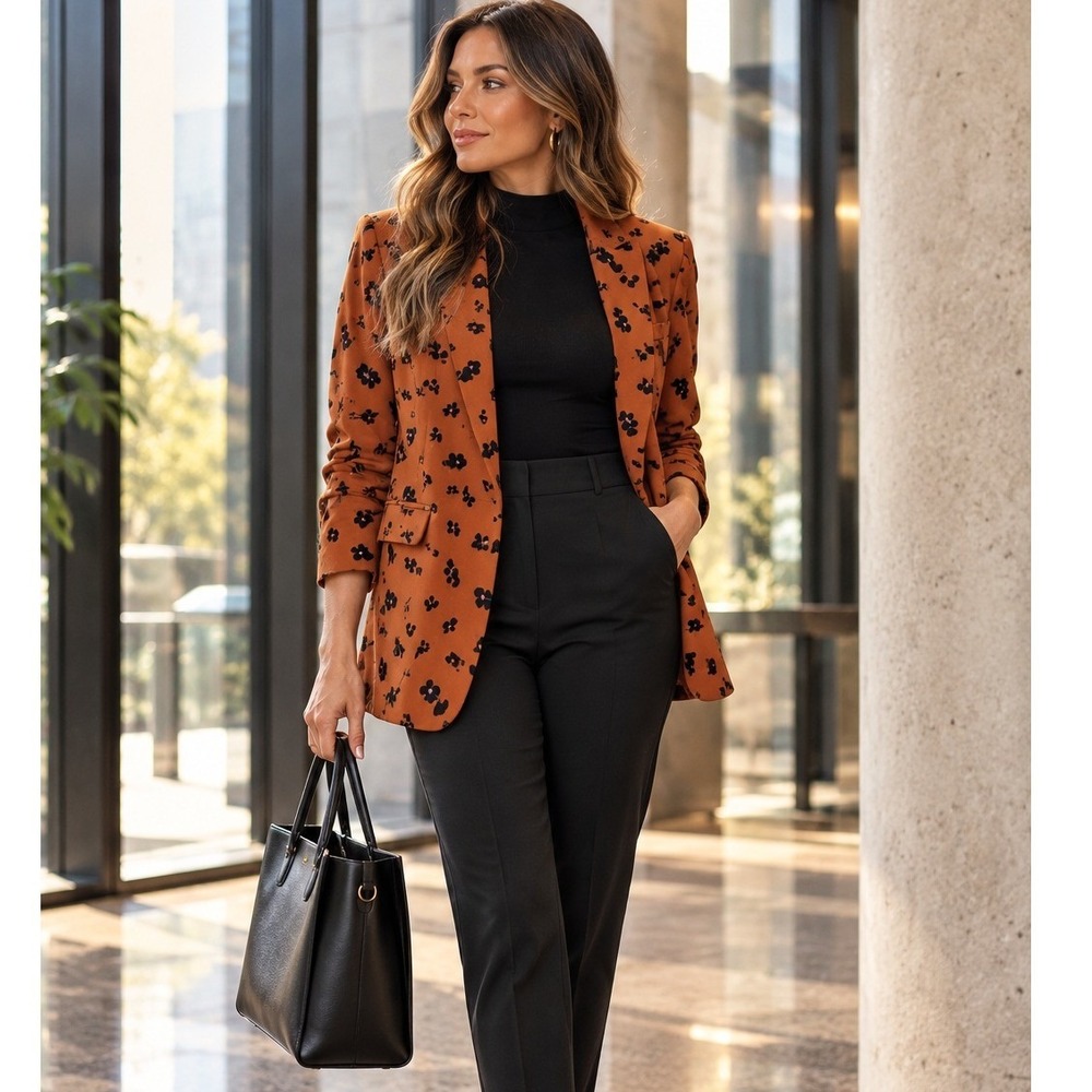 Leith Rust Orange Floral Open Front Blazer Jacket Black Ditsy Print Size M